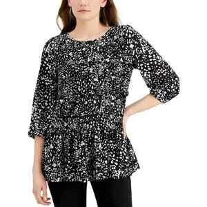 Fever Printed Ruffled Ruched Top Black Stippled M